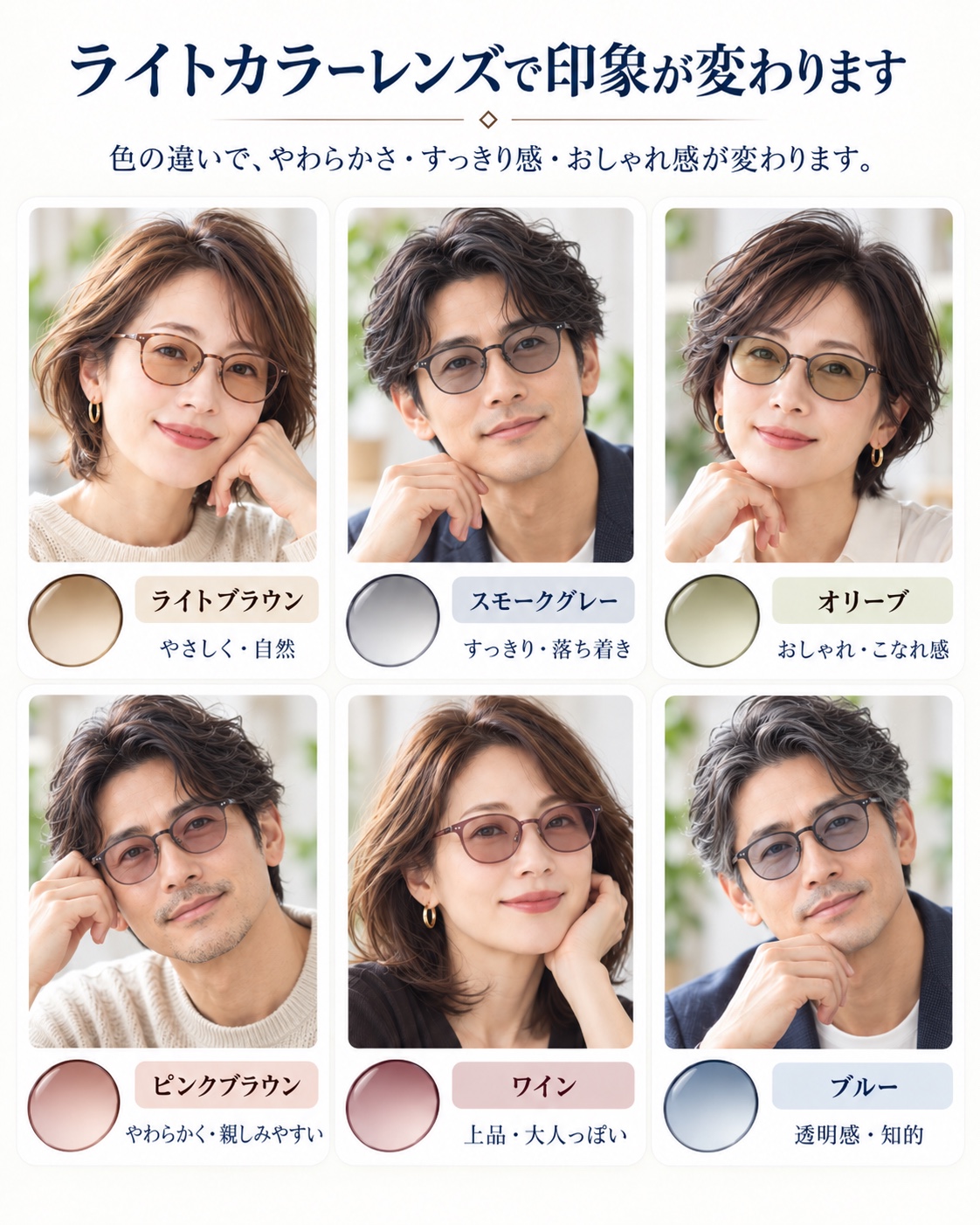 男女のモデルとライトブラウン、スモークグレー、オリーブ、ピンクブラウン、ワイン、ブルーの6色比較